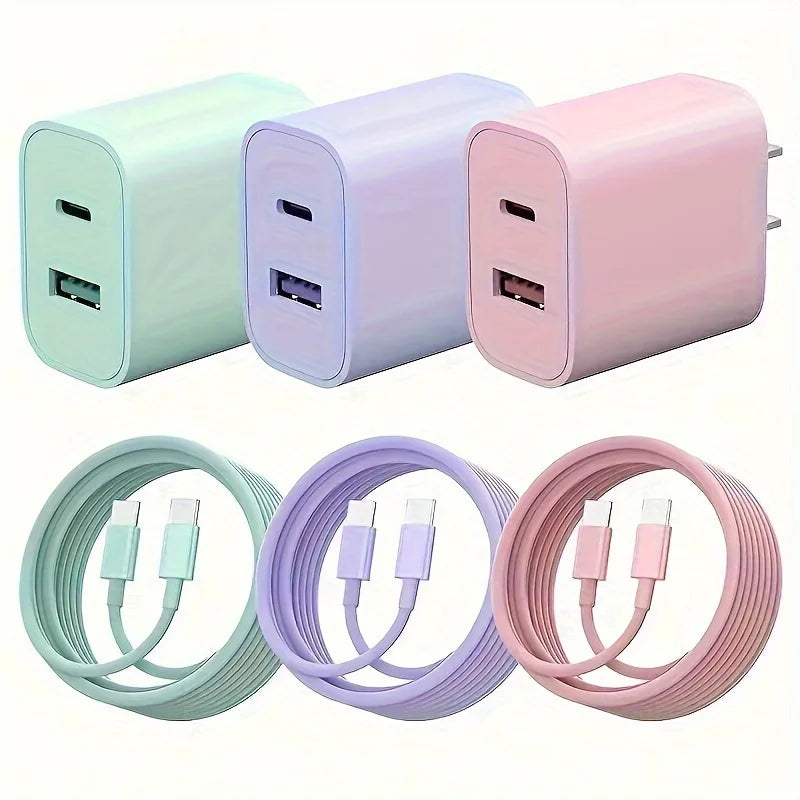 20W Dual-Port USB-C Fast Charger Block with 6FT Cable for iPhone 15 Series
