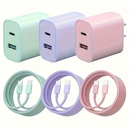 20W Dual-Port USB-C Fast Charger Block with 6FT Cable for iPhone 15 Series
