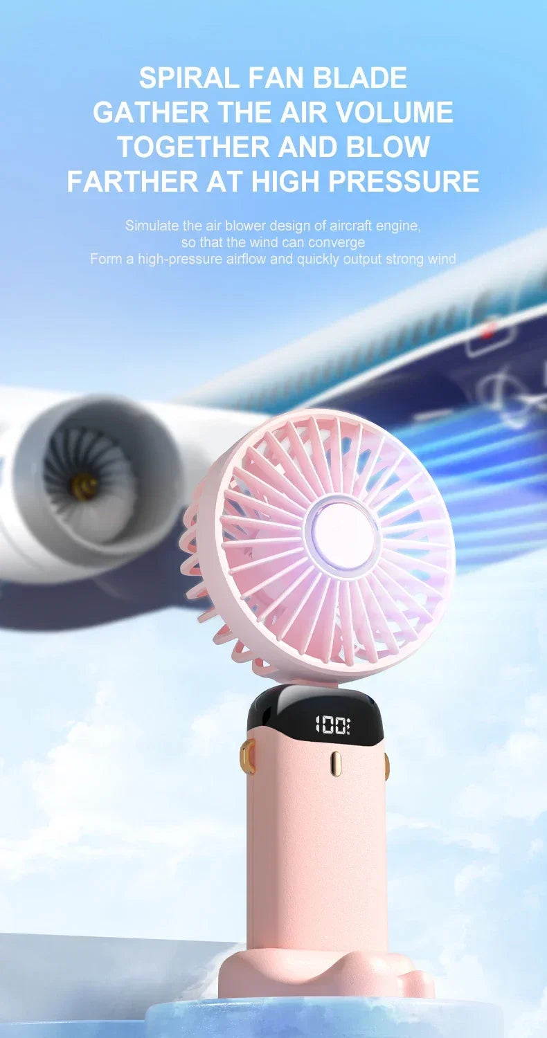 USB Handheld Mini Fan - Foldable, Portable, Neck Hanging, 5-Speed Rechargeable Fan with Phone Stand & Display Screen