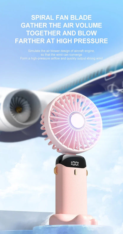 USB Handheld Mini Fan - Foldable, Portable, Neck Hanging, 5-Speed Rechargeable Fan with Phone Stand & Display Screen