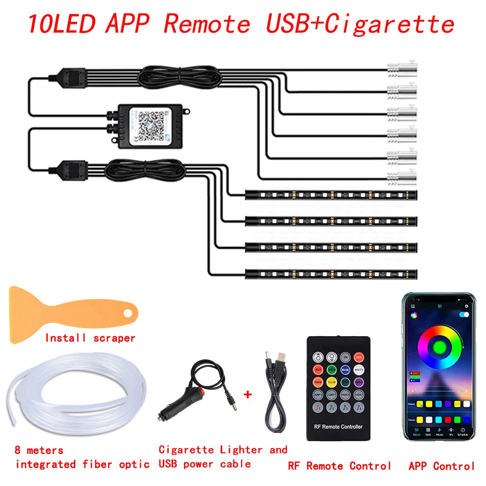 RGB LED Fiber Optic Ambient Strip Lights with App Control for Cars