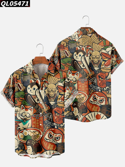 Alohadaddy Hawaiian Casual Plants Palm Leaves Print Art Pockets Buttons Elastic Large Size Shirt