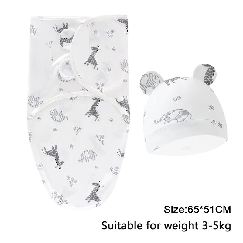 Newborn Cotton Baby Swaddle Wrap Adjustable Sleepsack Hat Set