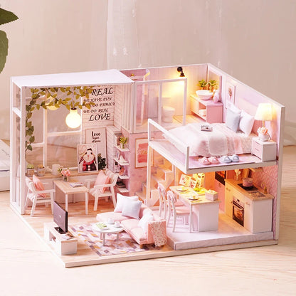 Wooden Miniature Doll House DIY Duplex Apartment Production 3D Puzzle Assembly Building Toy Decoration with Furniture Dollhouse