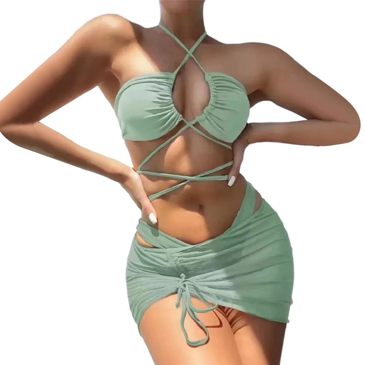 Bikinis Sets Swimsuit For Women Solid Hollow Strap Sexy Bikini Swimwear Three Piece Mesh Swimsuit Swimwear For Women