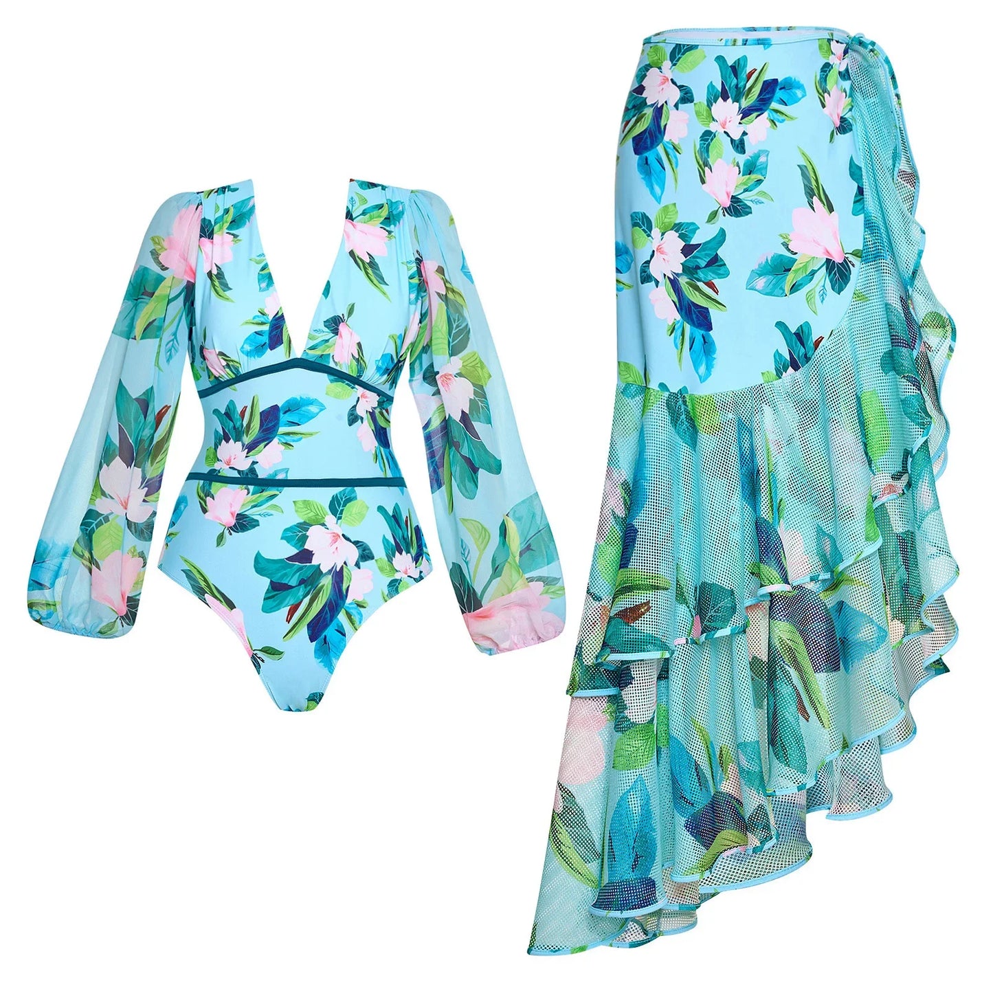 One Piece Bathing Suit for Women with Bikini Maxi Wrap Skirt 2Pcs Floral Print Swimsuit High Waist Tummy Control Beach Suits