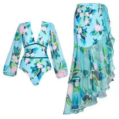 One Piece Bathing Suit for Women with Bikini Maxi Wrap Skirt 2Pcs Floral Print Swimsuit High Waist Tummy Control Beach Suits