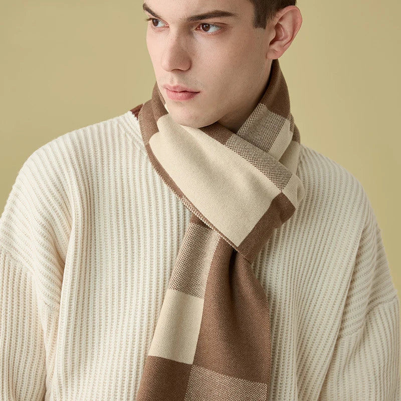 High Quality Wool Blend Scarf Men Thick Versatile Stripe Cashmere Muffler