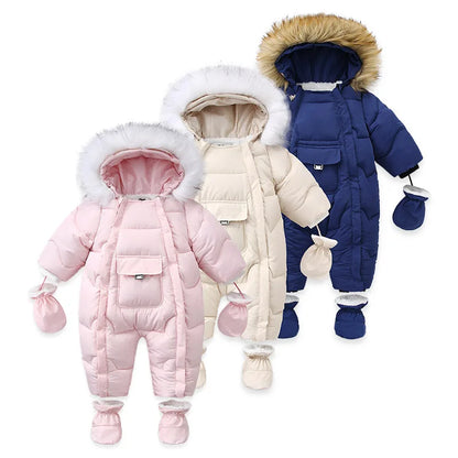 Winter Baby Down Jumpsuit – Wool Hooded, Snowproof & Warm