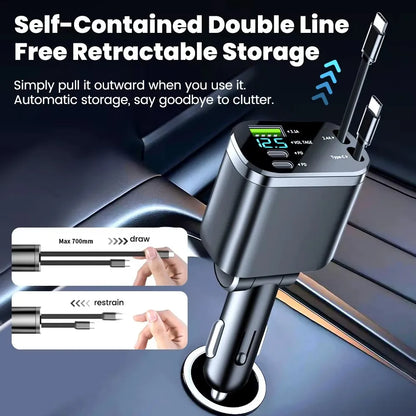 5 IN 1 Retractable Car Charger USB Type C PD Retractable Cable For iPhone Samsung Fast Charging Cord Cigarette Lighter Adapter