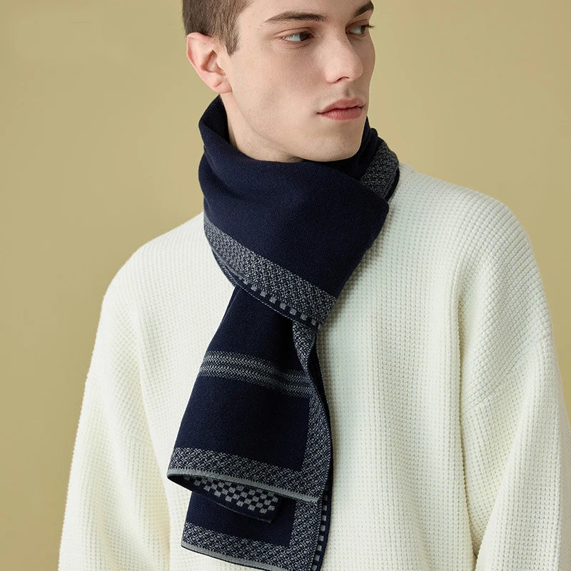 High Quality Wool Blend Scarf Men Thick Versatile Stripe Cashmere Muffler
