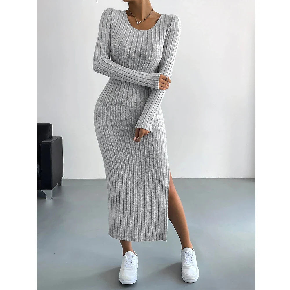 French Scoop Neck Long Sleeve Autumn Maxi Dress