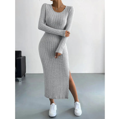 French Scoop Neck Long Sleeve Autumn Maxi Dress
