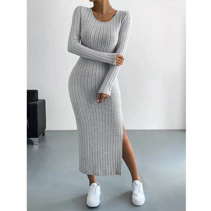 French Scoop Neck Long Sleeve Autumn Maxi Dress