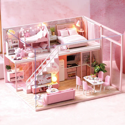 Wooden Miniature Doll House DIY Duplex Apartment Production 3D Puzzle Assembly Building Toy Decoration with Furniture Dollhouse