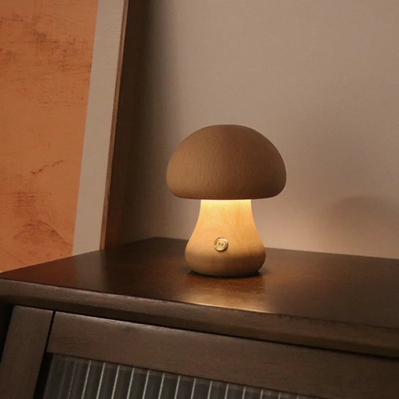 Cute Wooden Mushroom LED Night Light with Touch Control for Kids