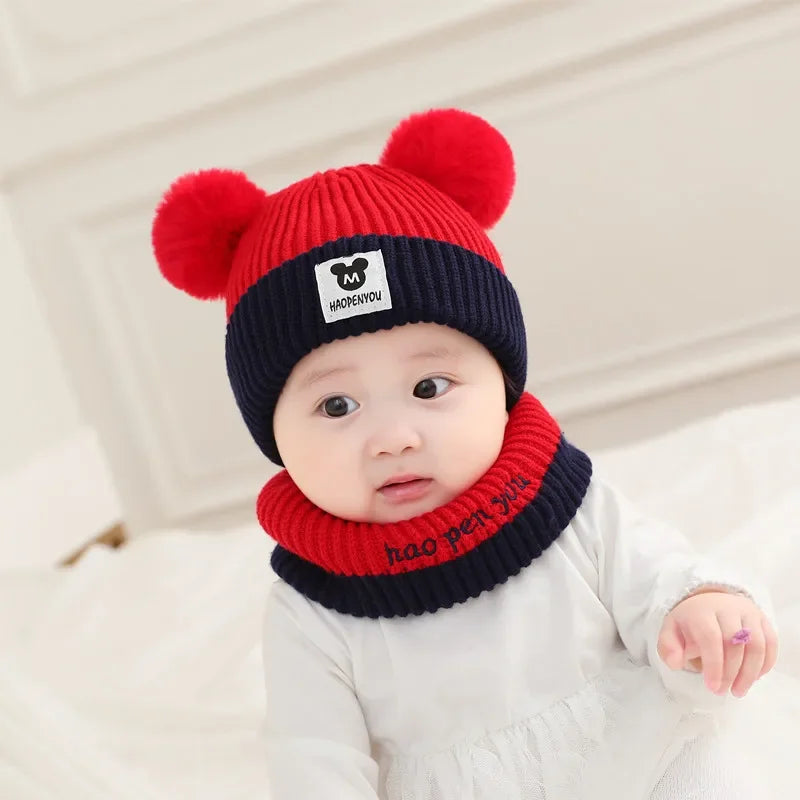 1Set Baby Hat Scarf Set Knitted Winter Hat Infant Toddler 1-5Y