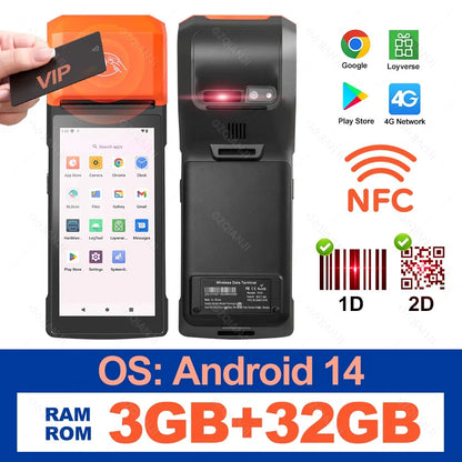 New 4G Wireless Wifi Handheld PDA Printers Android 8.1 13 POS Terminal Touch Screen Built-in 2D Barcode Scanner NFC Card Reader