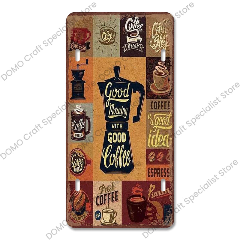 Coffee Licenses Plate Vintage Metal Tin Signs Retro Coffee Time Metal Plaques for Cafe Kitchen Living Room Home Wall Art Decor