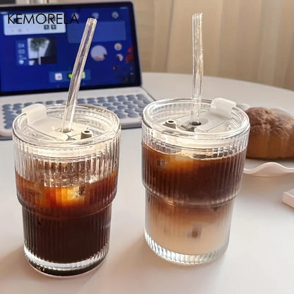 450ml Stripe Glass Cup with Lid & Straw - Iced Coffee & Tea Mug