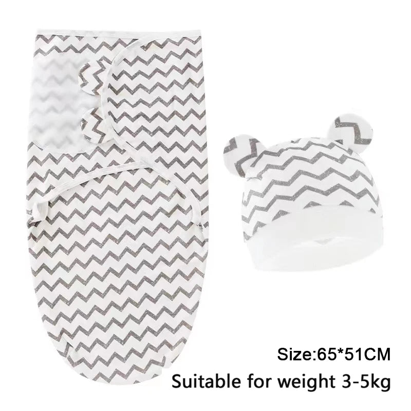Newborn Cotton Baby Swaddle Wrap Adjustable Sleepsack Hat Set