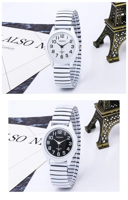 1pc Vintage Watches Women Men Creative Black and White Stainless Steel Elastic Band Watch Retro Elderly Couple Bracelet Watch