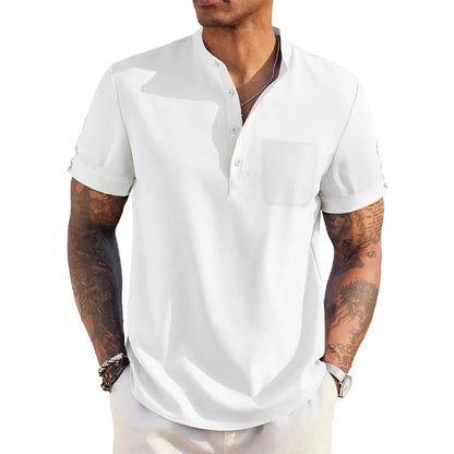 QDBAR Daily Leisure Mens Ribbed Shirt 2024 Summer Fashion Solid Color Striped Textured Shirts Beach Casual Short Sleeve Men Cardigans