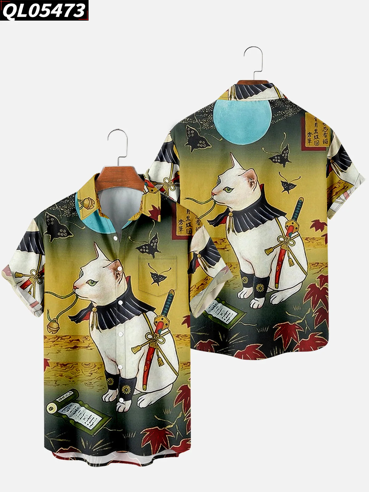 Alohadaddy Hawaiian Casual Plants Palm Leaves Print Art Pockets Buttons Elastic Large Size Shirt