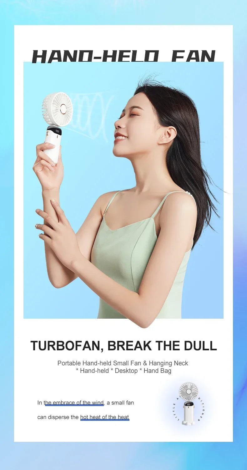 USB Handheld Mini Fan - Foldable, Portable, Neck Hanging, 5-Speed Rechargeable Fan with Phone Stand & Display Screen