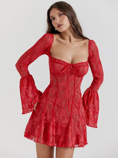 Elegant Backless Long Flare Sleeve Print Mini Dress Women Fashion
