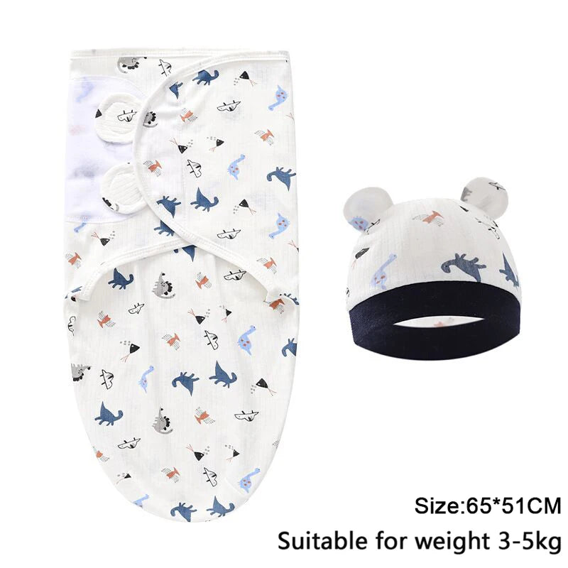 Newborn Cotton Baby Swaddle Wrap Adjustable Sleepsack Hat Set
