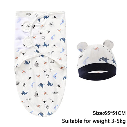 Newborn Cotton Baby Swaddle Wrap Adjustable Sleepsack Hat Set