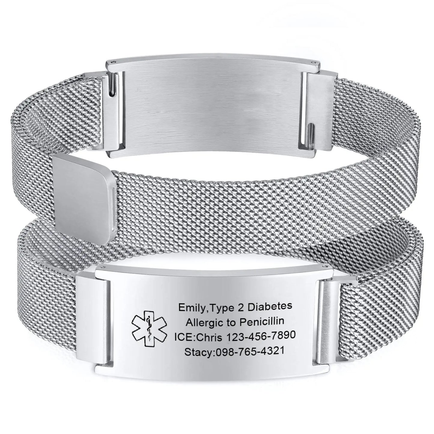 Magnetic Medical Alert Bracelets for Men Women Teenagers,15-24CM Customize Stainless Steel Mesh Emergency Medical ID Wristband