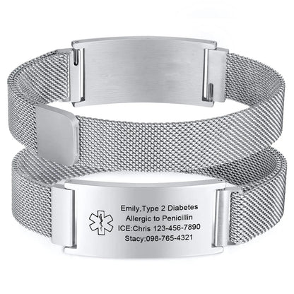 Magnetic Medical Alert Bracelets for Men Women Teenagers,15-24CM Customize Stainless Steel Mesh Emergency Medical ID Wristband