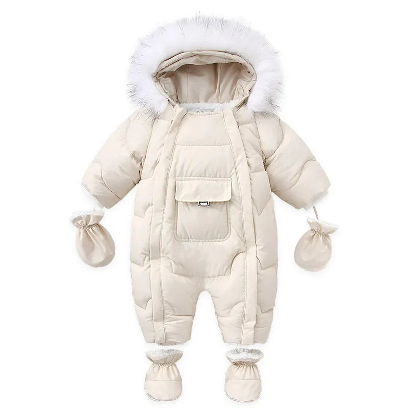 Winter Baby Down Jumpsuit – Wool Hooded, Snowproof & Warm