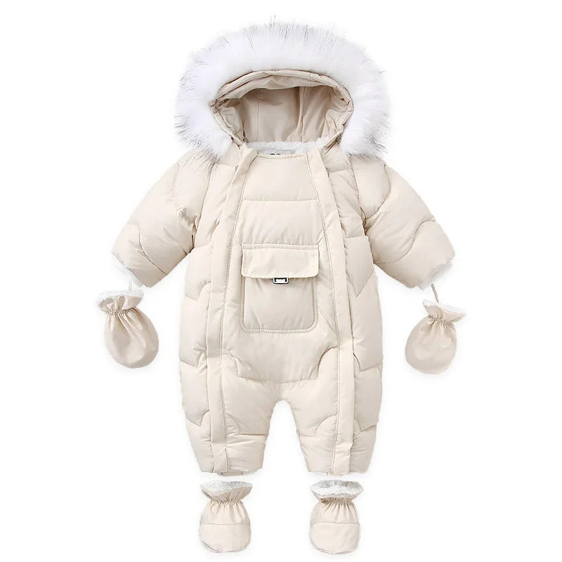 Winter Baby Down Jumpsuit – Wool Hooded, Snowproof & Warm