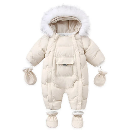 Winter Baby Down Jumpsuit – Wool Hooded, Snowproof & Warm