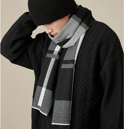High Quality Wool Blend Scarf Men Thick Versatile Stripe Cashmere Muffler