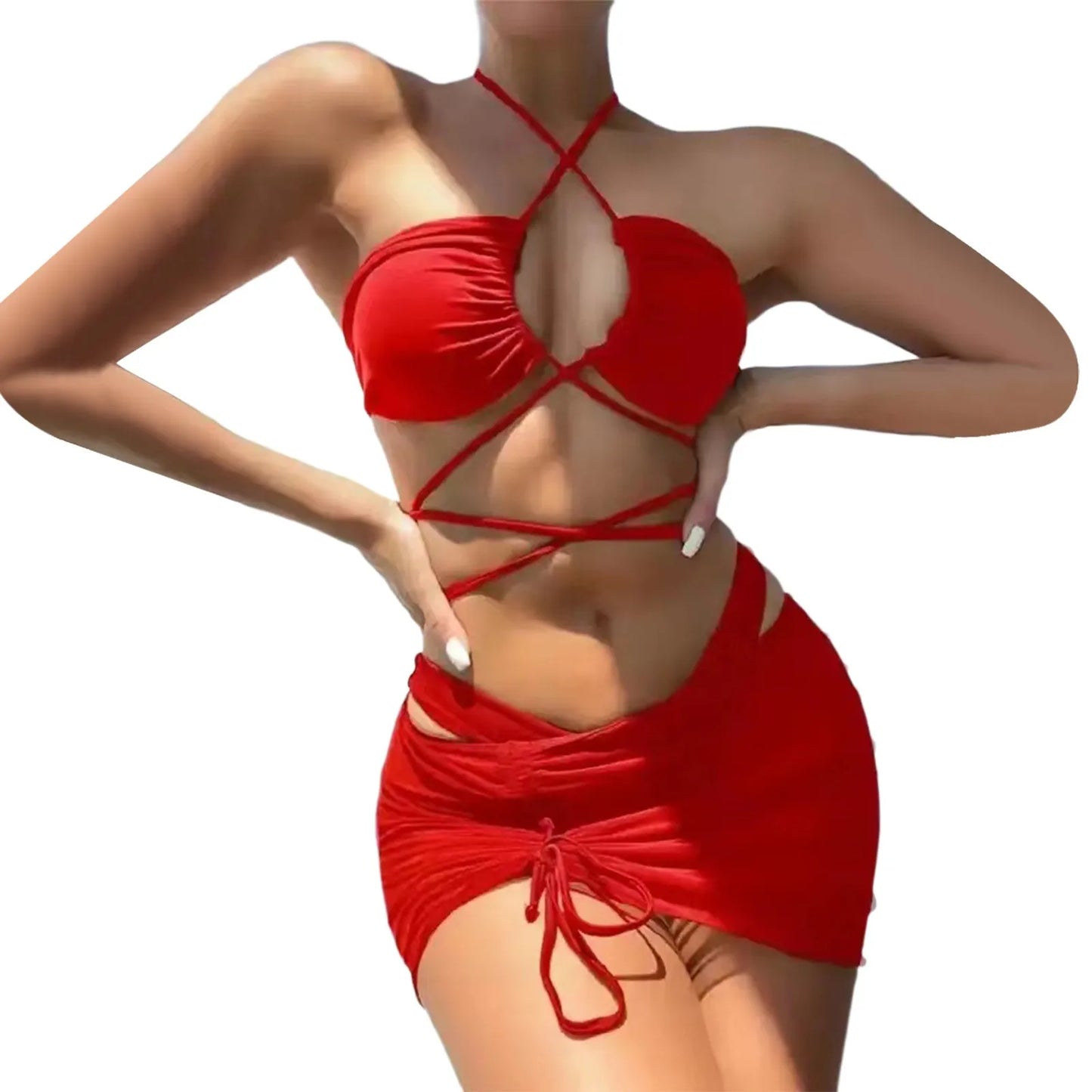Bikinis Sets Swimsuit For Women Solid Hollow Strap Sexy Bikini Swimwear Three Piece Mesh Swimsuit Swimwear For Women