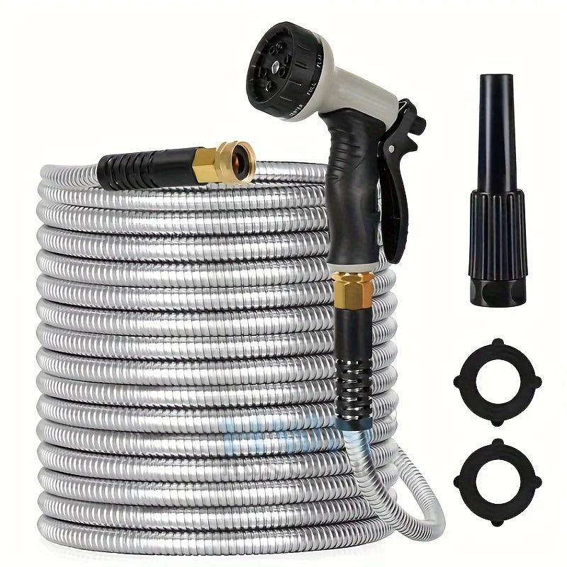 Metal Garden Hose, 100ft Stainless Steel Flexible Water Hose With 10 Adjustable Patterns Spray Nozzle, Heavy Duty Water Pipe , Kink Free , 2 Nozzles