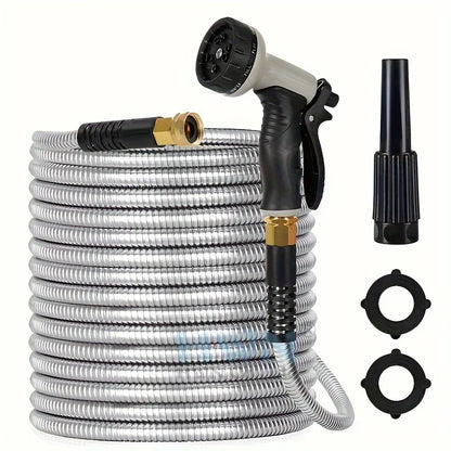 Metal Garden Hose, 100ft Stainless Steel Flexible Water Hose With 10 Adjustable Patterns Spray Nozzle, Heavy Duty Water Pipe , Kink Free , 2 Nozzles