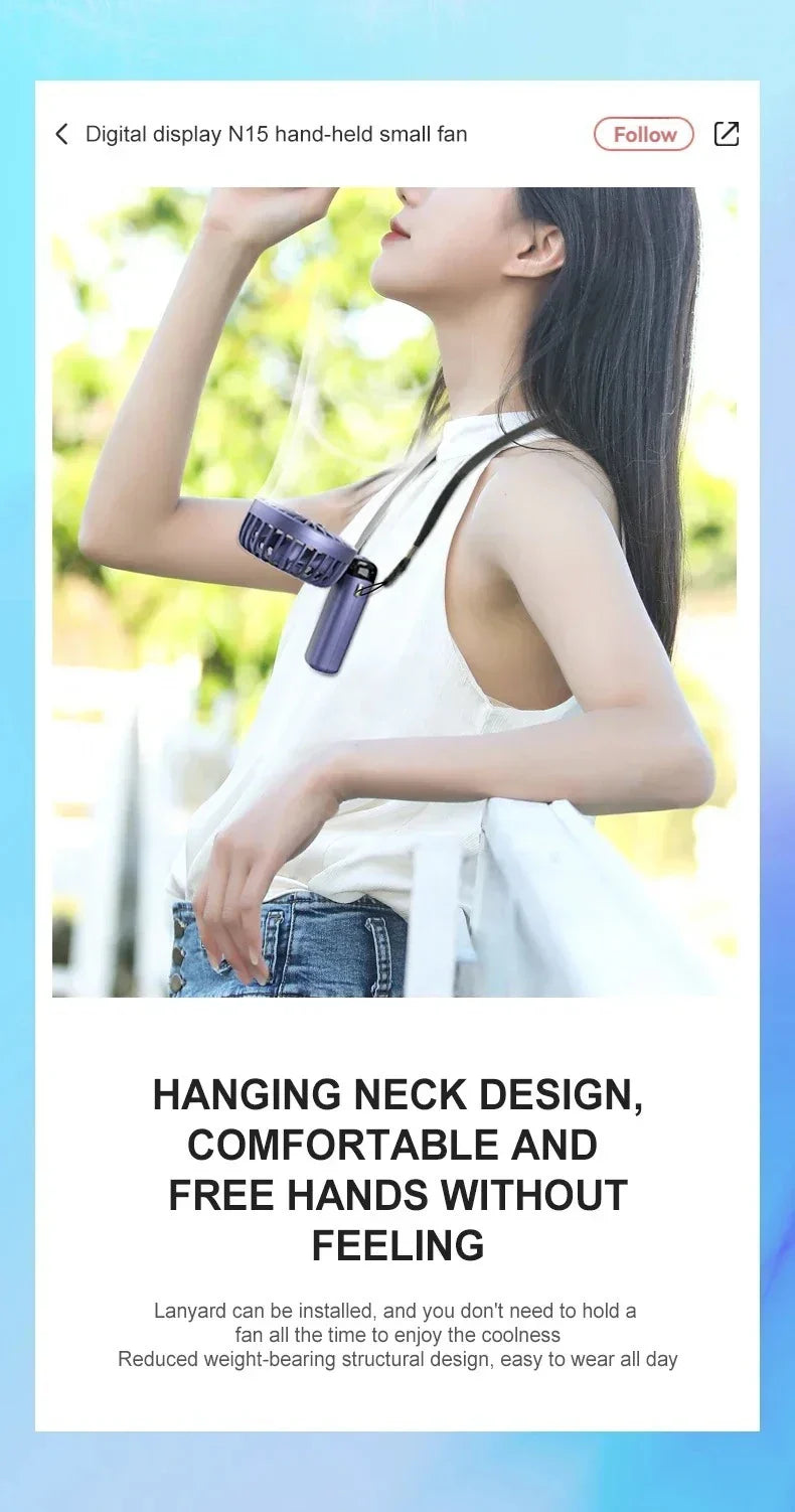 USB Handheld Mini Fan - Foldable, Portable, Neck Hanging, 5-Speed Rechargeable Fan with Phone Stand & Display Screen