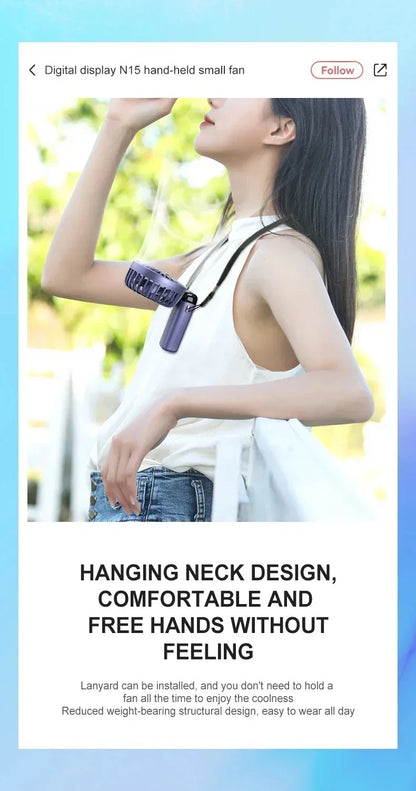 USB Handheld Mini Fan - Foldable, Portable, Neck Hanging, 5-Speed Rechargeable Fan with Phone Stand & Display Screen