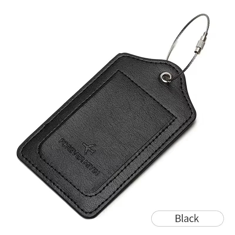 PU leather luggage tag with anti loss wire rope loop and built-in privacy protection cover, suitable for luggage and travel bags