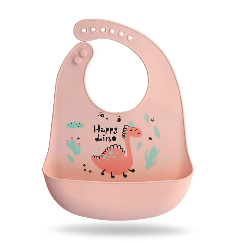 Waterproof Baby Bibs with Adorable Cartoon Dinosaur Print – Adjustable, Soft Silicone Material for Mess-Free Toddler Feeding