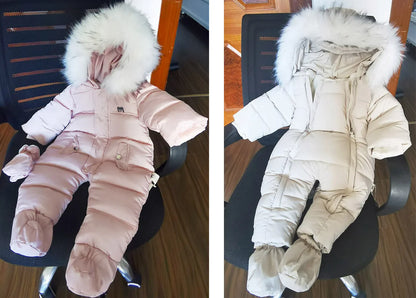 Winter Baby Down Jumpsuit – Wool Hooded, Snowproof & Warm