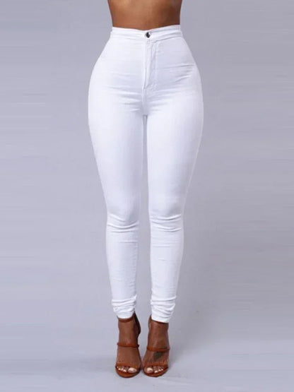Solid Color Stretch Denim Jeans - Women's High-Waist Skinny Casual Pencil Pants