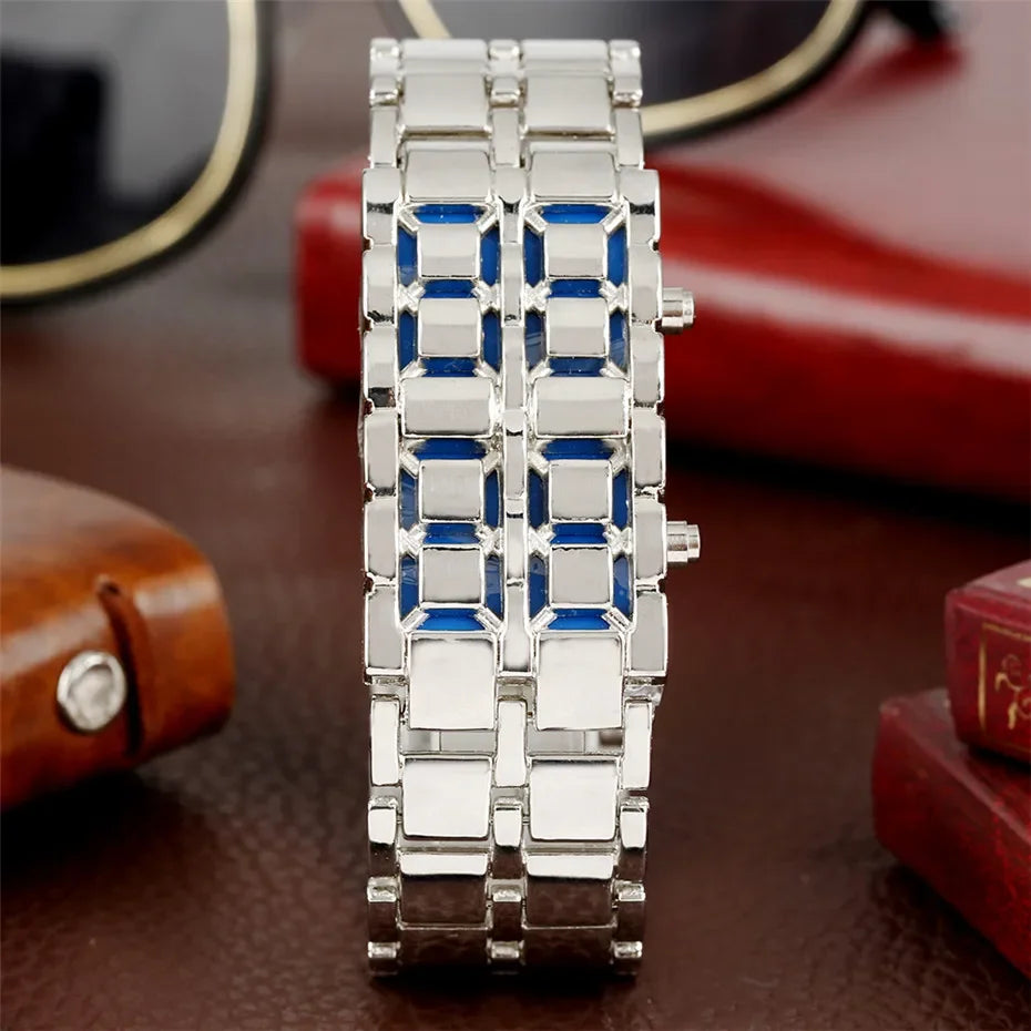 Fashion Black Full Metal Digital Lava Wrist Watch Men Red/Blue LED Display Men's Watches Gifts for Male Boy Sport Creative Clock