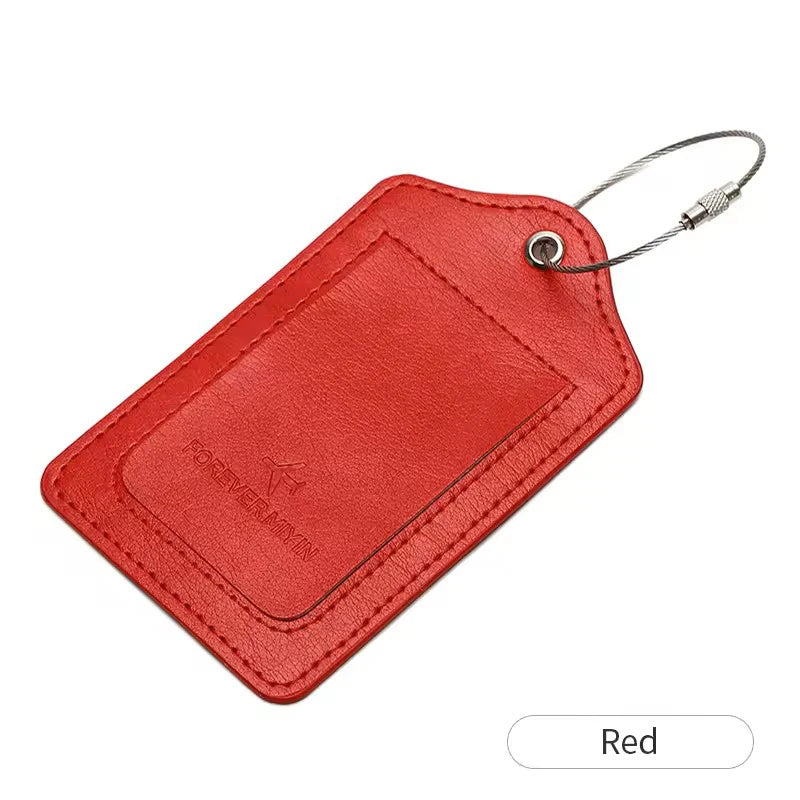 PU leather luggage tag with anti loss wire rope loop and built-in privacy protection cover, suitable for luggage and travel bags