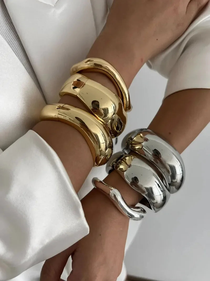 Punk Gold & Silver Geometric Wide Cuff Bangles for Women & Men
